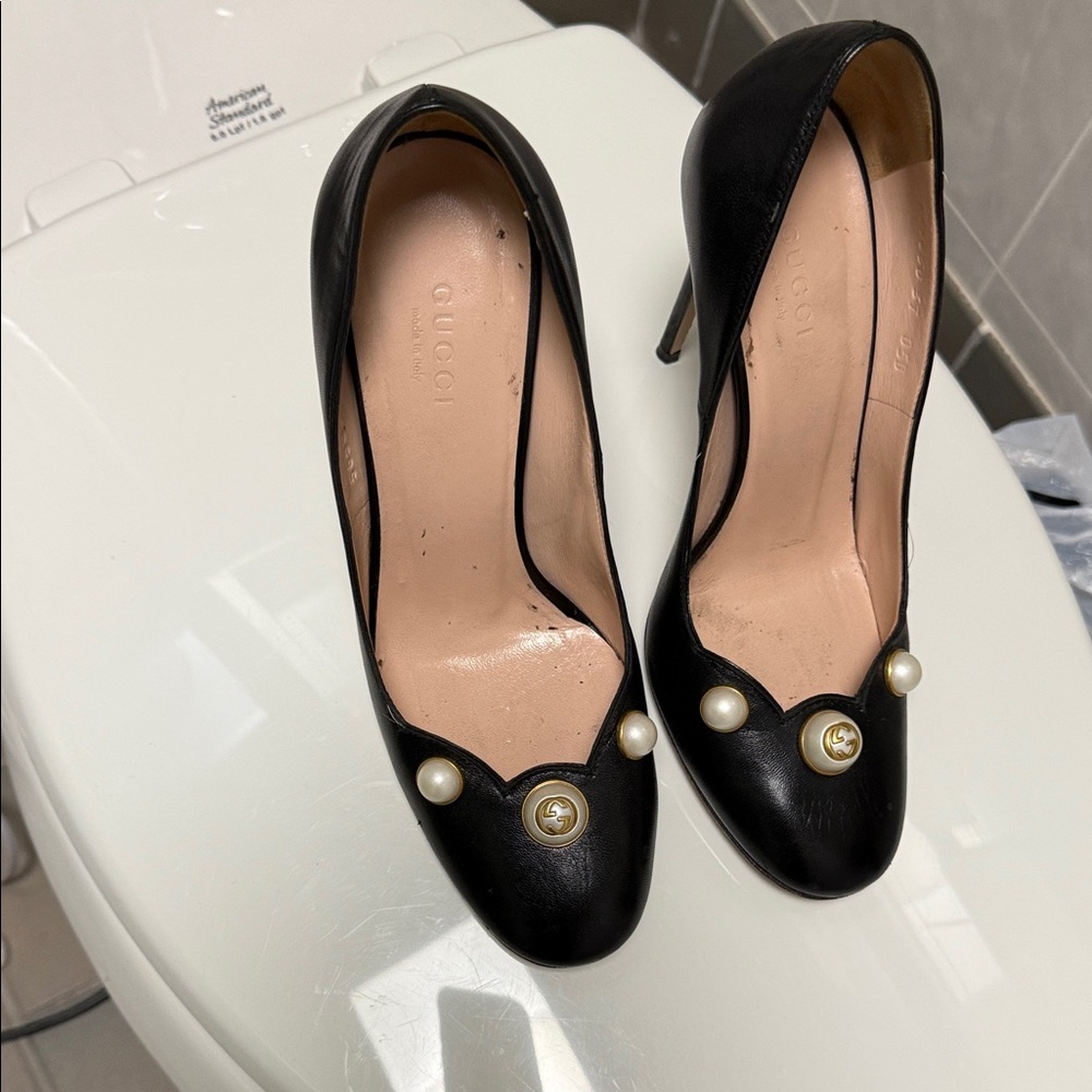 Gucci Black Heels with Pearl Embellishments